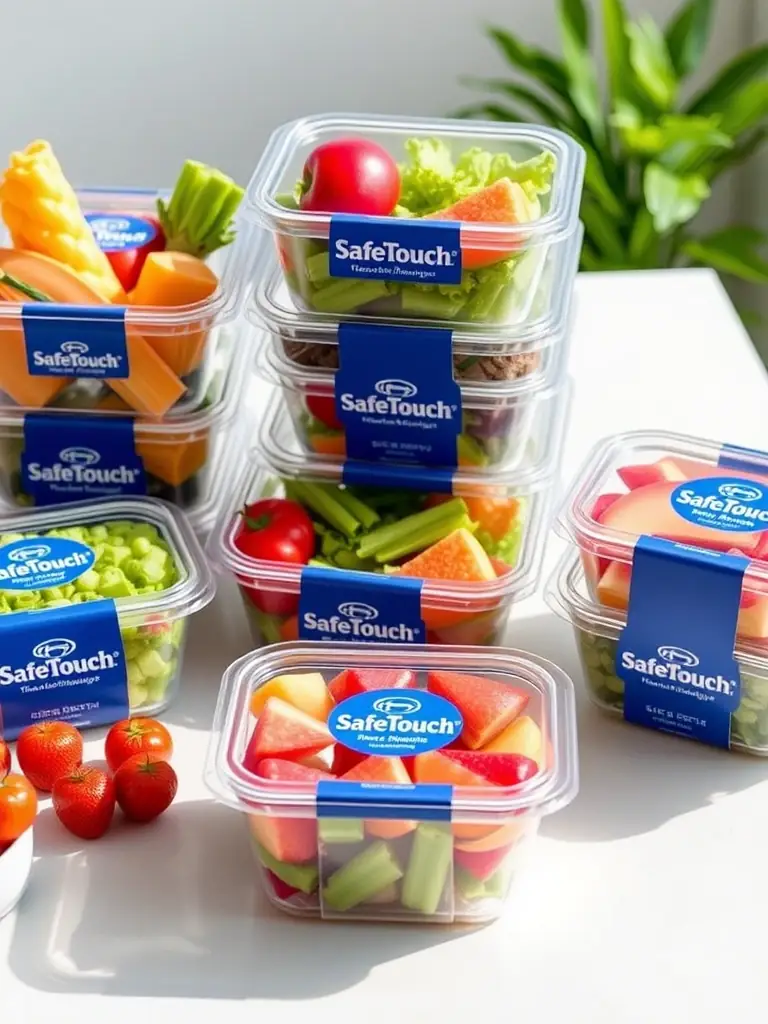 Food packaging containers with the SafeTouch® logo, illustrating its role in maintaining food freshness and safety.