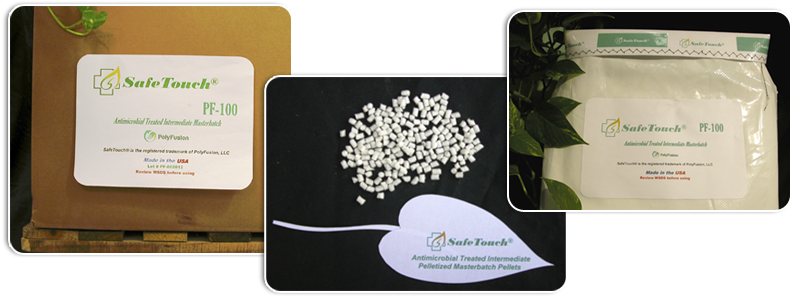 SafeTouch PF-100 antimicrobial masterbatch pellets and packaging